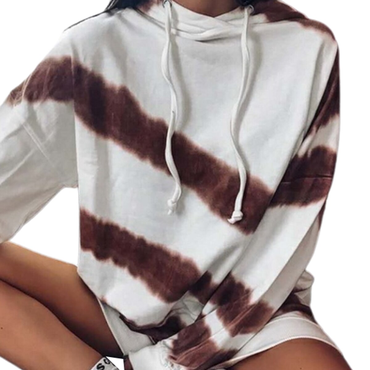 Women Long Sleeve Tie-dye Printed Sweatshirt Casual Drawstring Loose Shoulder Pullover Top Fashionable Comfortable Hoodie: XL / Brown
