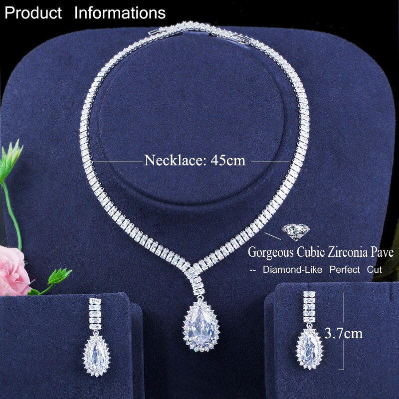 CWWZircons – ensemble de bijoux pour femme, collier et boucles d&#39;oreilles de mariage, blanc très brillant, grande goutte d&#39;eau, cubique, T437