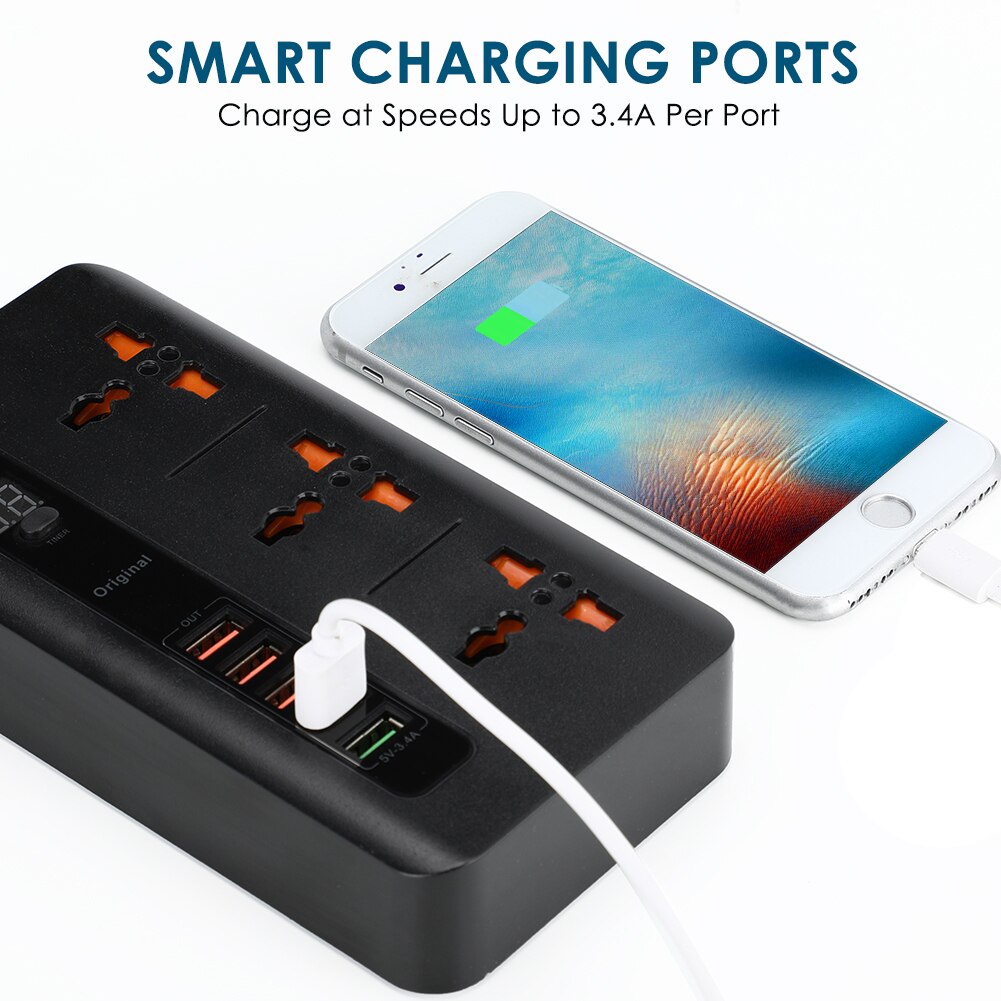 Home Extension Power Outlet With Switch With 5V 3.4A 5 Port USB Charger Adpater 3 Way Multiple Socket Smart Timing UK/EU Plug