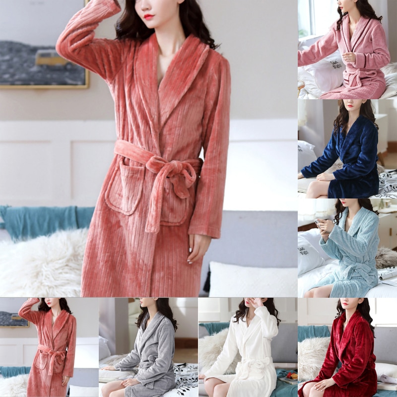 Women Robes Winter Warm Flannel Fleece Nightdress Sleepwear Female Pajamas Home Clothes Dressing Kimono Hotel Bathrobe