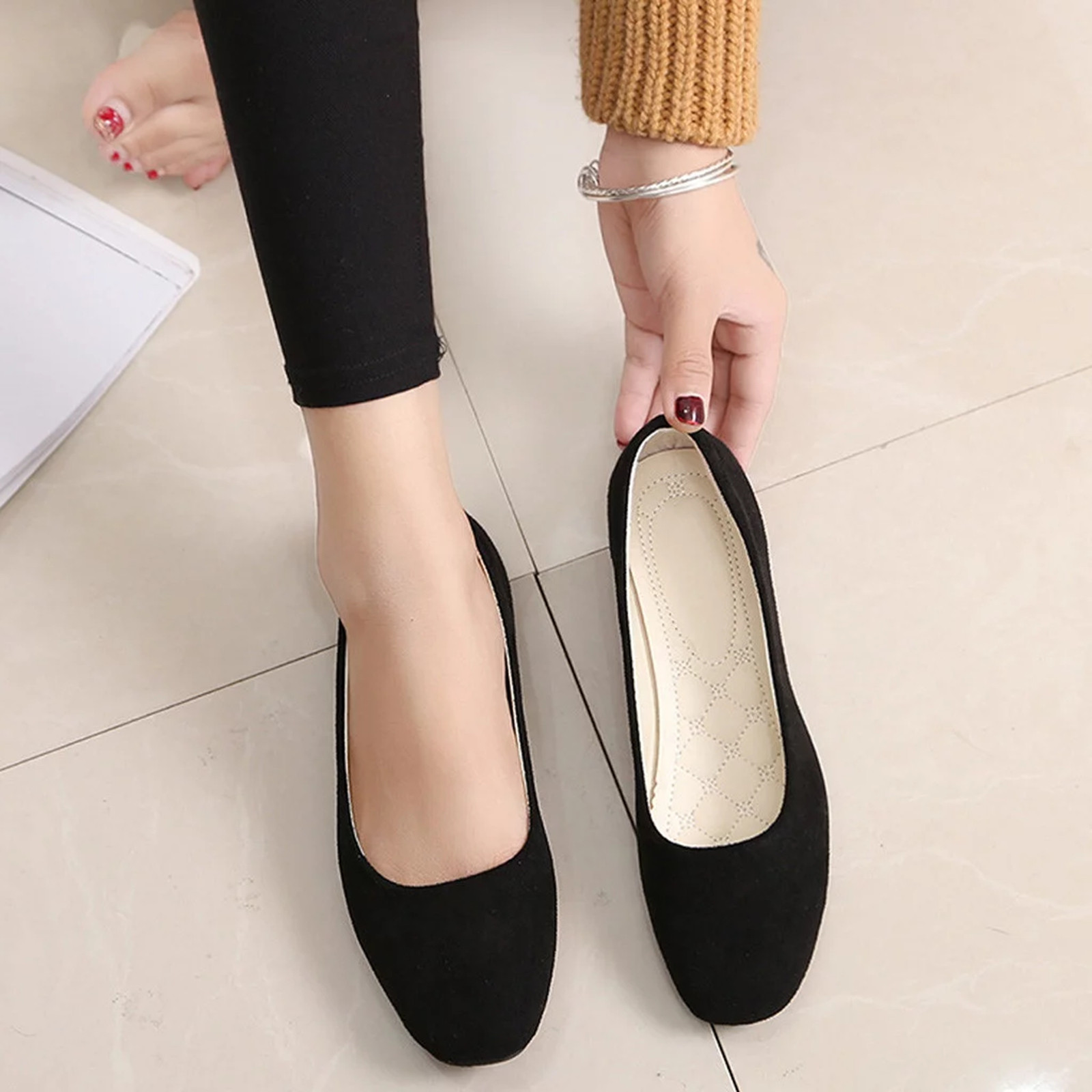 2025 Mocassini in pelle scamosciata da donna Tacco piatto Scarpe femminili poco profonde Primavera Estate Punta quadrata Décolleté da donna concisi di base Taglia 36-43: Black / 38