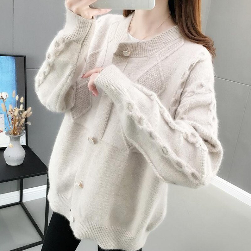 Strikkede cardigans for kvinner høst vinter gensere o-hals single breasted gensere fritids strikkeplagg jenter røde yttertøy gensere: Beige