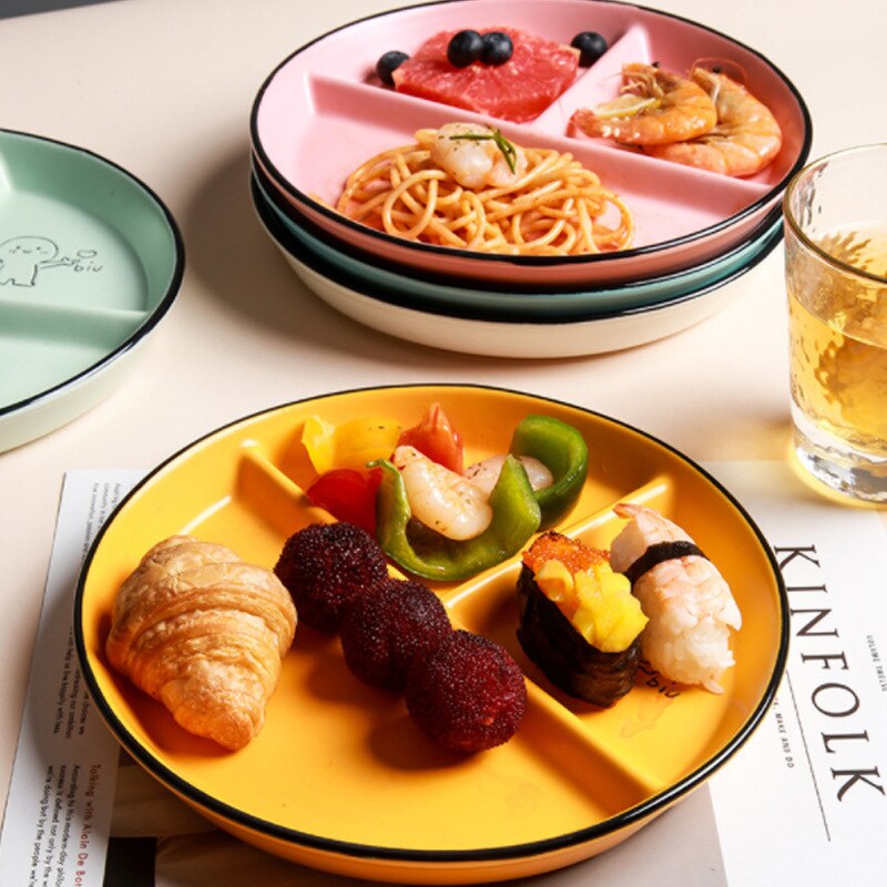 Disques en céramique pour enfants, repas divisé, assiette pour étudiant, assiette de séparation, réduisant la graisse, assiette à trois compartiments, ménage