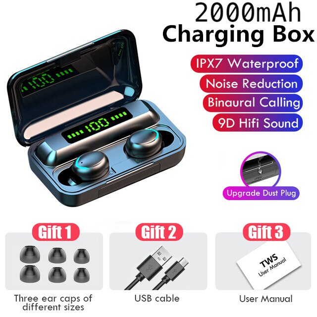 Auriculares TWS 9D estéreo HiFI, inalámbricos por Bluetooth 5,0, auriculares con pantalla LED y cargador de 2000mAh, Auriculares resistentes al agua con micrófono: Black