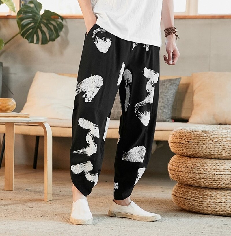 Kimono spodnie Streetwear chińskie tradycyjne ubrania dla mężczyzn szerokie nogawki japońskie spodnie lniane Baggy Hippie spodnie męskie 10627