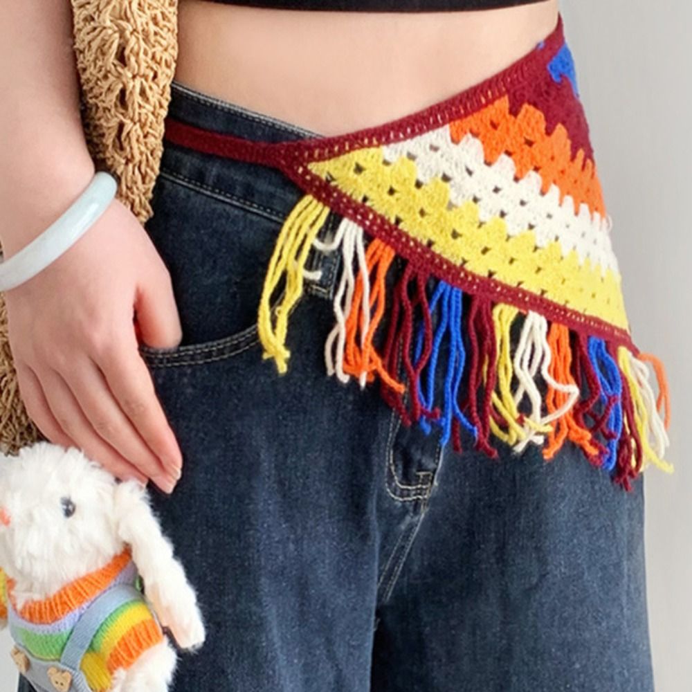 Turbante bohemio para mujer, pañuelo triangular tejido para la cabeza, chal colorido, delantal envolvente con bufandas con flecos, banda para la cintura de estilo étnico