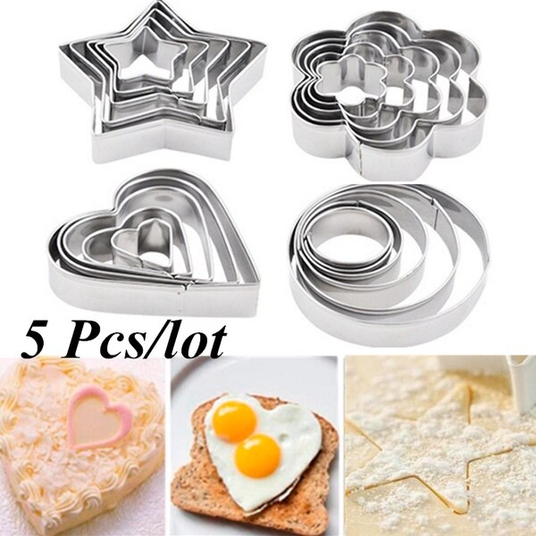 5 Stks/set Rvs Fondant Taart Bakvorm Ronde Bloem Hart Ster Vorm Omelet Mold Cookie Biscuit Cutter Decorating