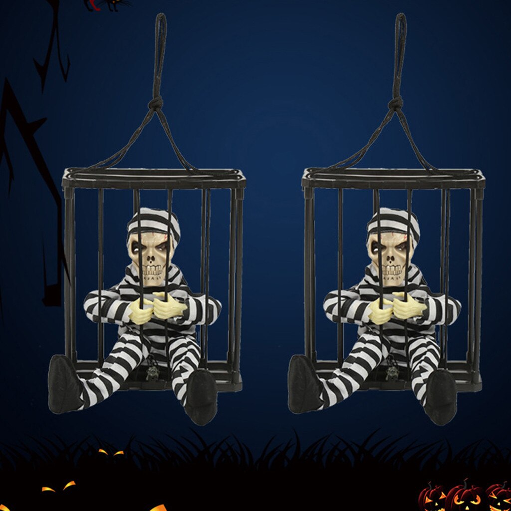 Halloween Hanging Voice-Control Skeleton Prisoner Dressing With Prison Clothes Red Glowing Eye The Skull In Prison shout Decor