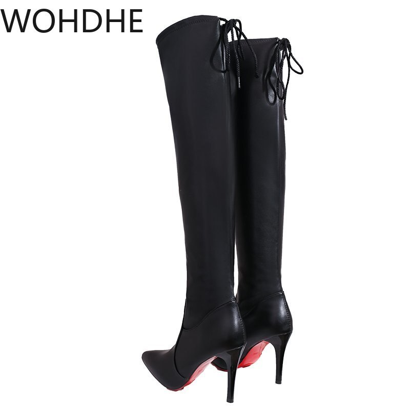 Stivali con suola rossa inverno sopra il ginocchio elasticizzato tacco alto Slip on scarpe punta a punta donna stivali lunghi stivaletti alti in pelle scamosciata sintetica