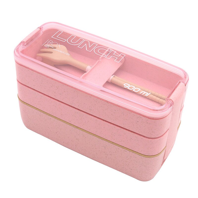 900ml Gezonde Materiaal Lunchbox 3 Layer Tarwe Stro Bento Dozen Magnetron Servies Voedsel Opslag Container Lunchbox: Roze