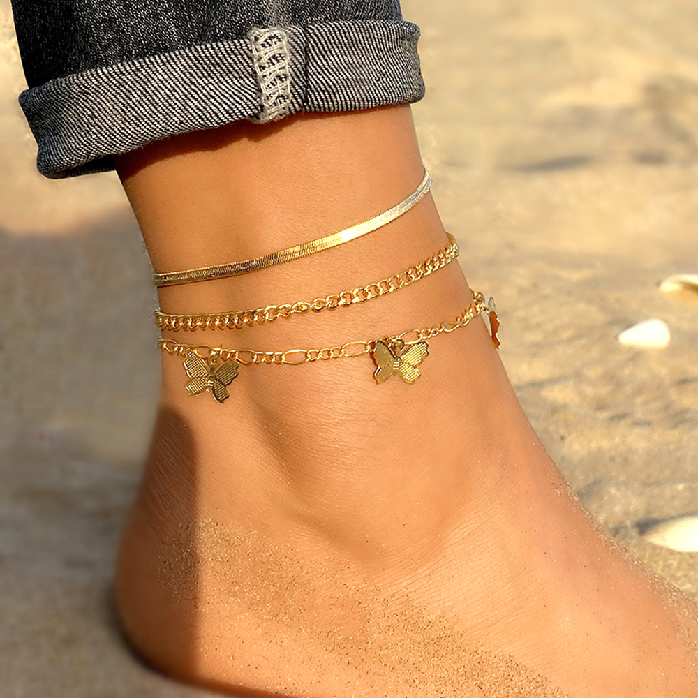 FNIO-Conjunto de tobilleras con dijes bohemios para mujer, pulsera de tobillo con luna y estrella en la pierna, cadena de pie, joyería de playa femenina: Color oro puro