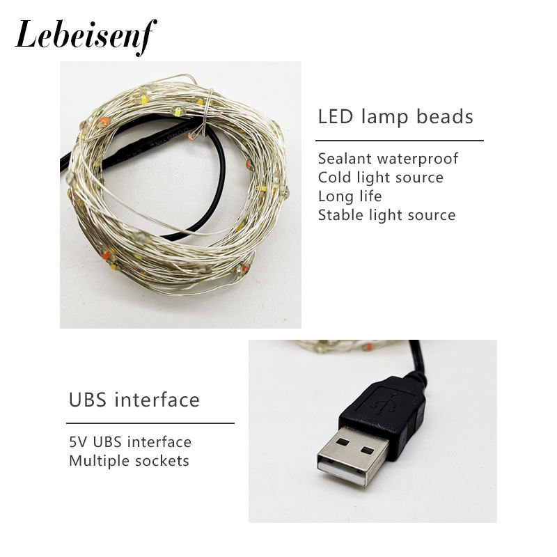 5Vusb Led Koperdraad Kerstverlichting String 10Leds/M 5/10M Enkele Kleur Of Kleurrijk Voor Kerst Feestelijke Verlichting Decoratie Diy