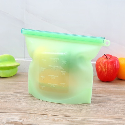 1000ml silikone madpose genanvendelig ziplock lækagesikker frysepose madopbevaringsbeholdere frugt madkasse køkkenarrangør: Grøn / 1000ml