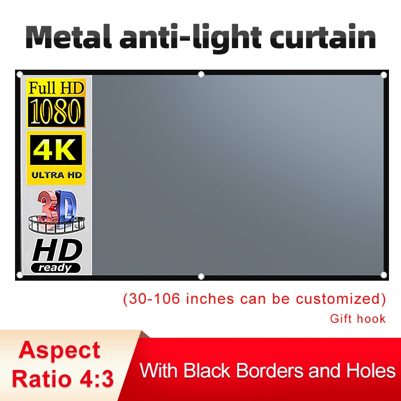 VEIDADZ 4:3 Projector Anti-light Screen Curtain 30~106 inches portable 3d HD projection screen With black border and holes