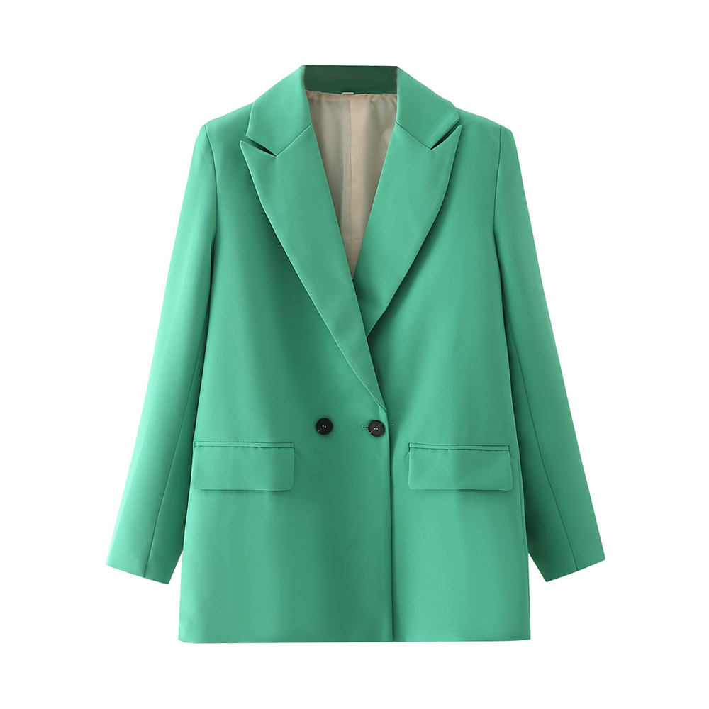 TRZA Vrouwen Chic Office Lady Double Breasted Blazer Vintage Jas Mode Notched Kraag Lange Mouw Dames Bovenkleding Stijlvolle Tops: S / green