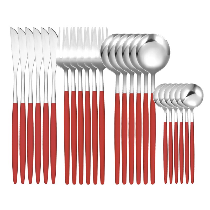 Green Gold 24 Piece Cutlery Cutlery Set Non-fading Cutlery Set Stainless Steel Cutlery Dinner Kitchen Household Knives: 24Pcs Red Silver