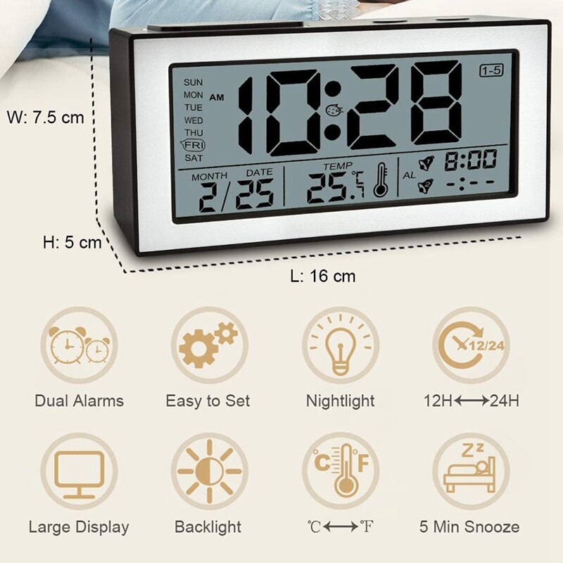 Digital Alarm Clock Bedside Silent Alarm Clock Battery Operated Desk Alarm Clock with Dual Alarms Display , Black