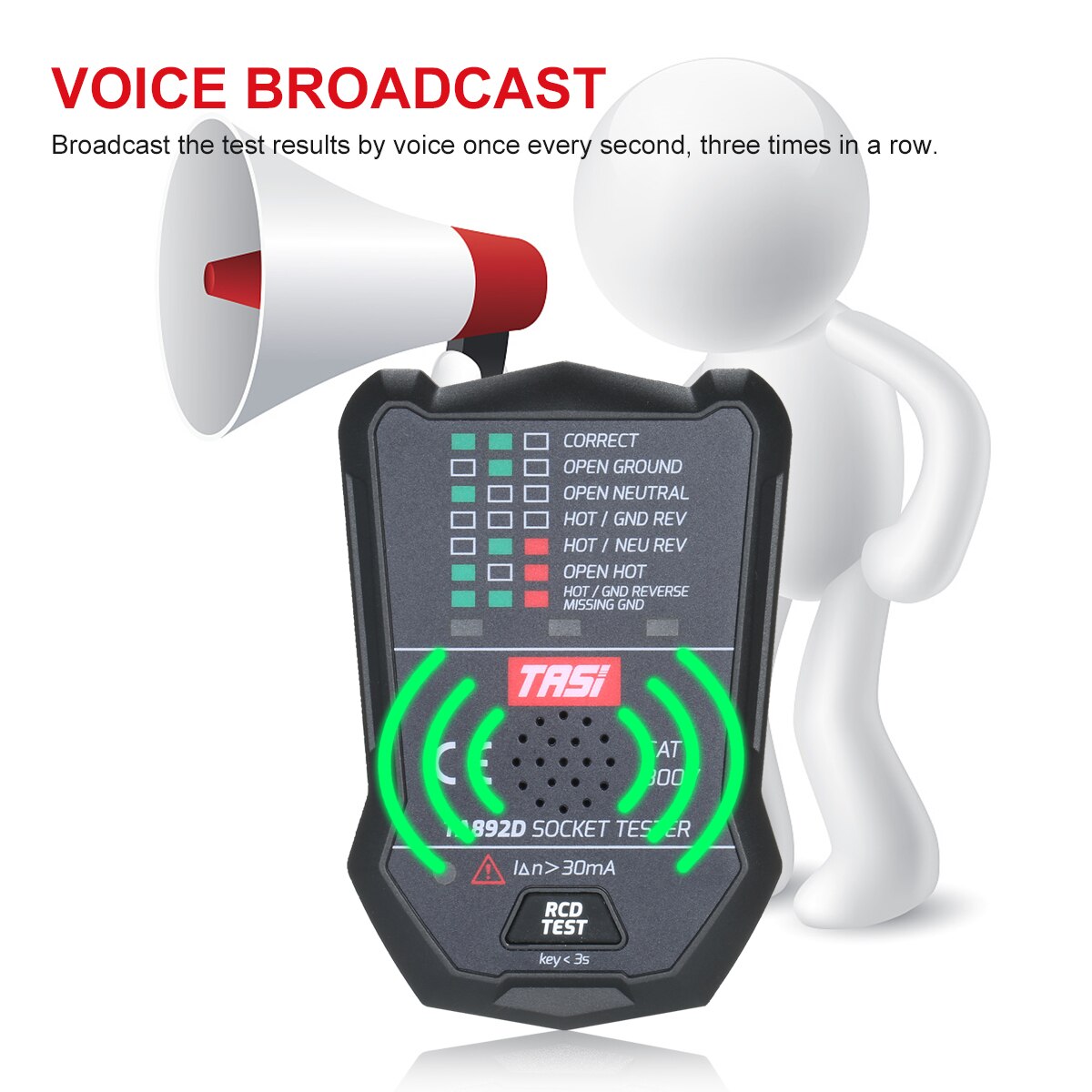 TASI Electric RCD Socket Tester Multifunctional Circuit Detector Ground Wire Zero Line Live Line Leakage Tester Voice Broadcast