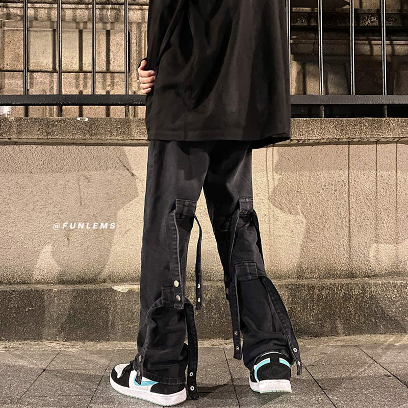HOUZHOU – Jean gothique pour homme, pantalon en Denim, style Punk, noir, Hip Hop, Streetwear, avec rubans japonais: Black / S