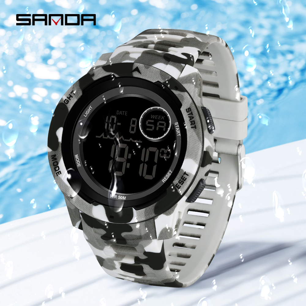 SANDA 2185 elektronische Uhr, beliebte Tarnung, Militärstil, Kühler Trend, Wecker, multifunktionale elektronische Herrenuhr