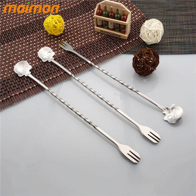 1pcs Skull Mixing Stirrer Stainless Steel Drinks Stirrer Long Handled Cocktail Stirring Spoon Fork Bar Ladle Swizzle Sticks