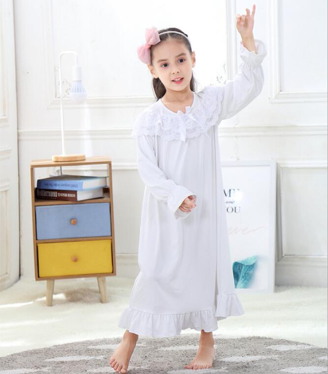 Automne filles chemise de nuit rose blanc pyjamas enfants à manches longues chemise de nuit mignon 100% coton enfant bébé robe de nuit 6 8 10 12 ans