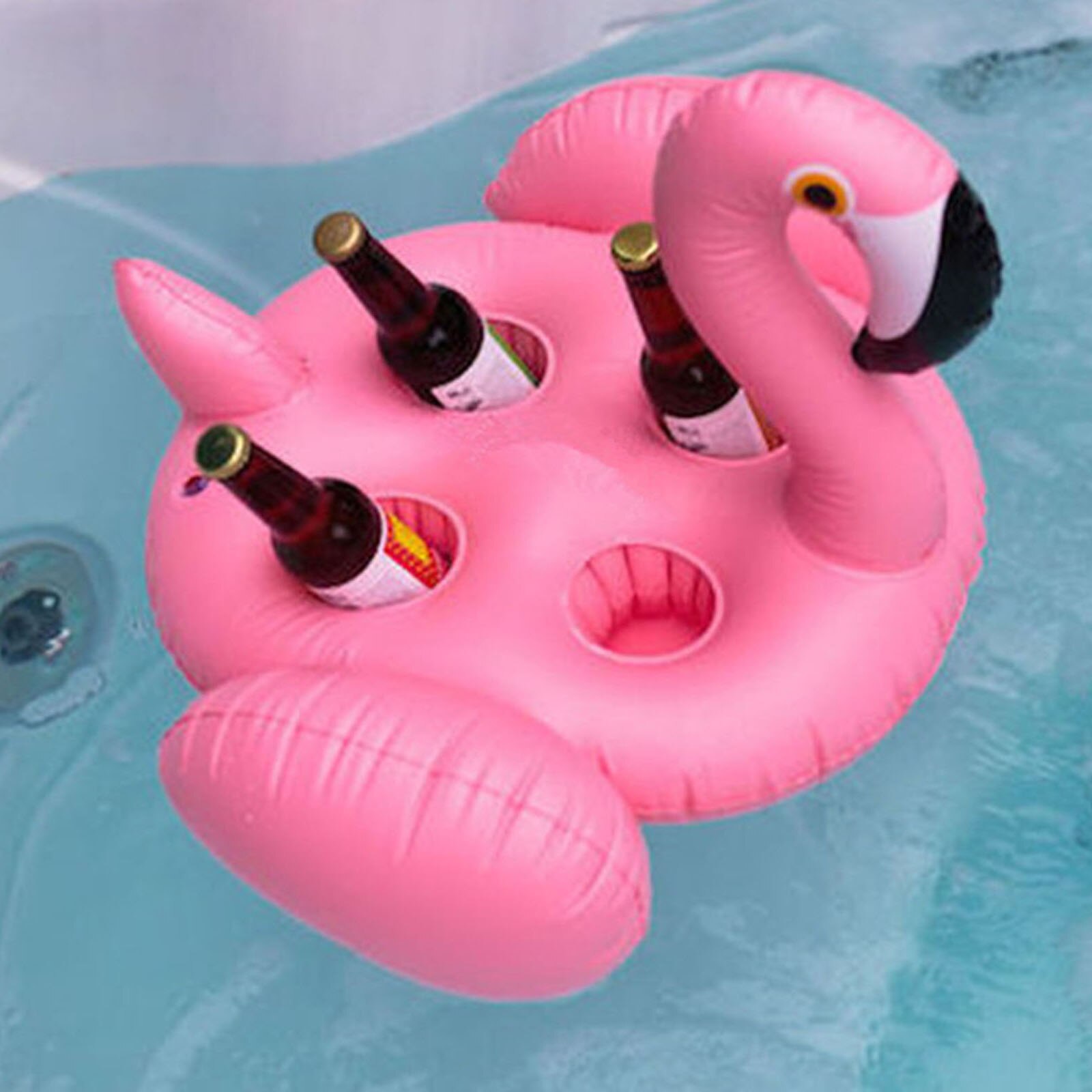 Pink/Rose Gold Inflatable Beverage Holder Flamingo-Shaped Cup Holder with Four Holes Floating Coasters for Swimming Pools
