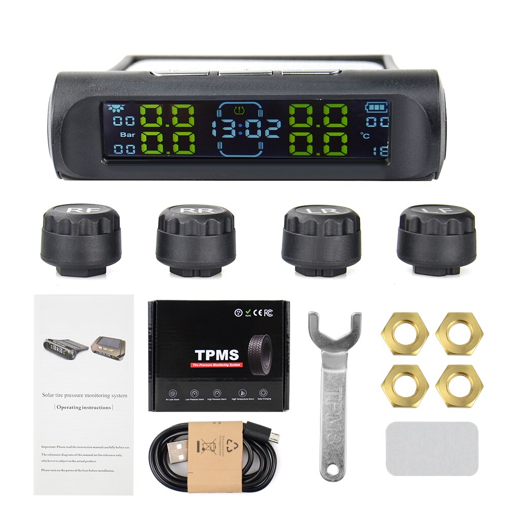 Tpms Wireless Tire Pressure Monitoring System Solar Power Clock Lcd