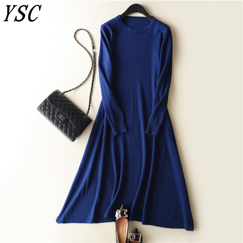 spring Latest style Women's Knitted Cashmere Wool Dress Long style Solid color Round collar A-Line: Navy Blue