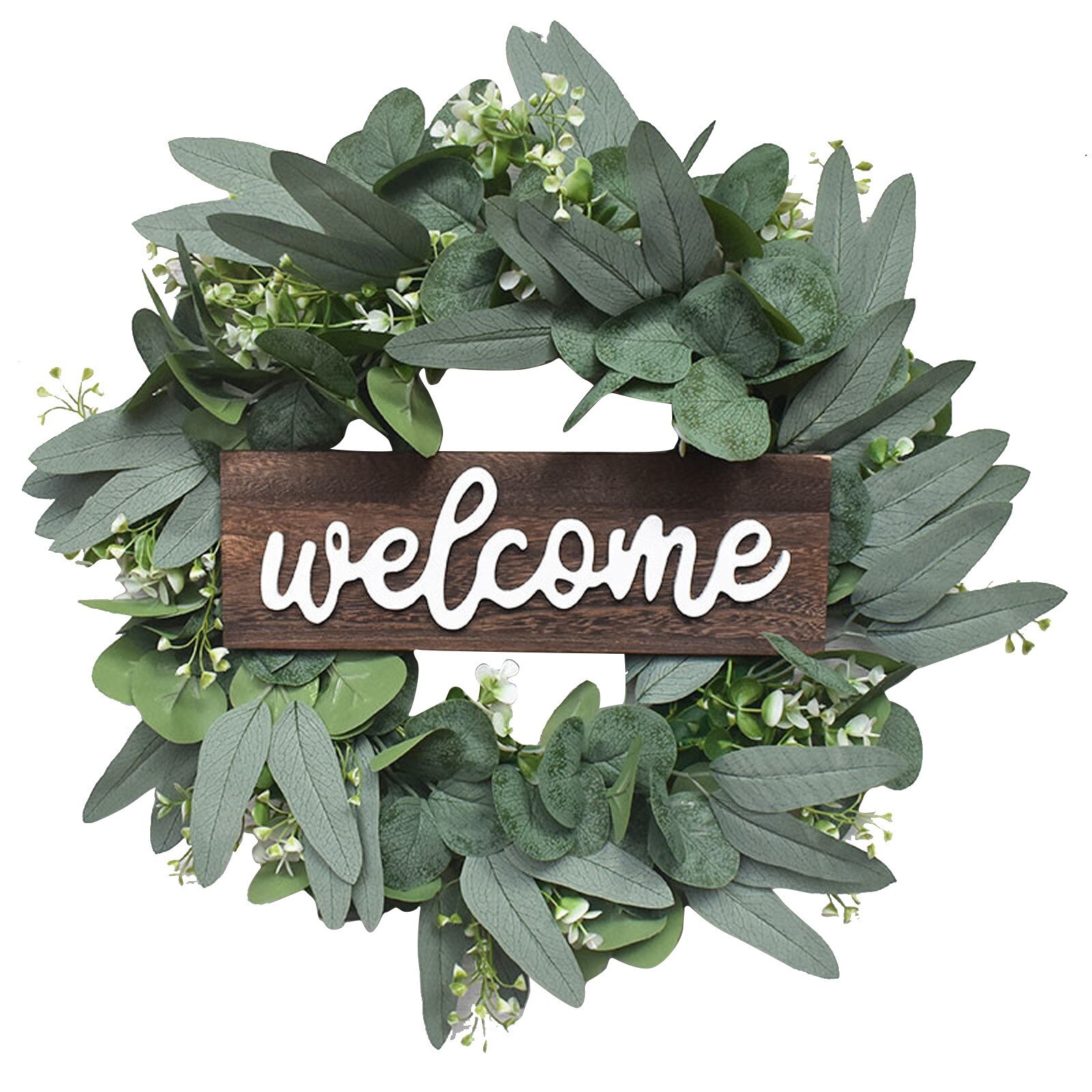 Artificial Green Eucalyptus Wreath,15 Inches Greenery Wreath With Clusters Of White Flowers Mini Spring/summer Wreath For Front: A