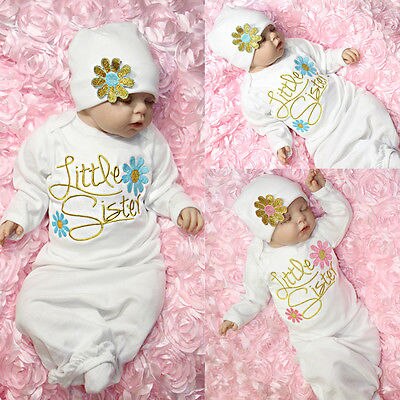 US STOCK 2pcs Cotton Sleepcoat Flower Little Sister Baby Girl SleepcoatComing Home Night-Robe Baby Gown Hat Clothing Set