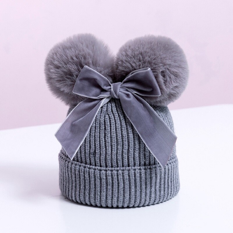 Chapeau d'hiver à Double pompon pour enfants | Chapeau avec nœud, casquette Crochet, chapeau et épais, chapeaux pour bébés: grey