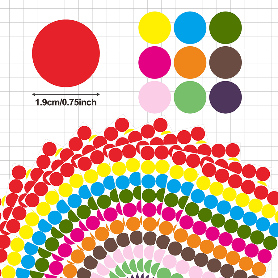 700 kpl 3/4 " värillisiä pistetarroja, , 10 väriä, pyöreät tarrat inventaarioon, toimistomerkintään, tee-se-itse-säilytykseen