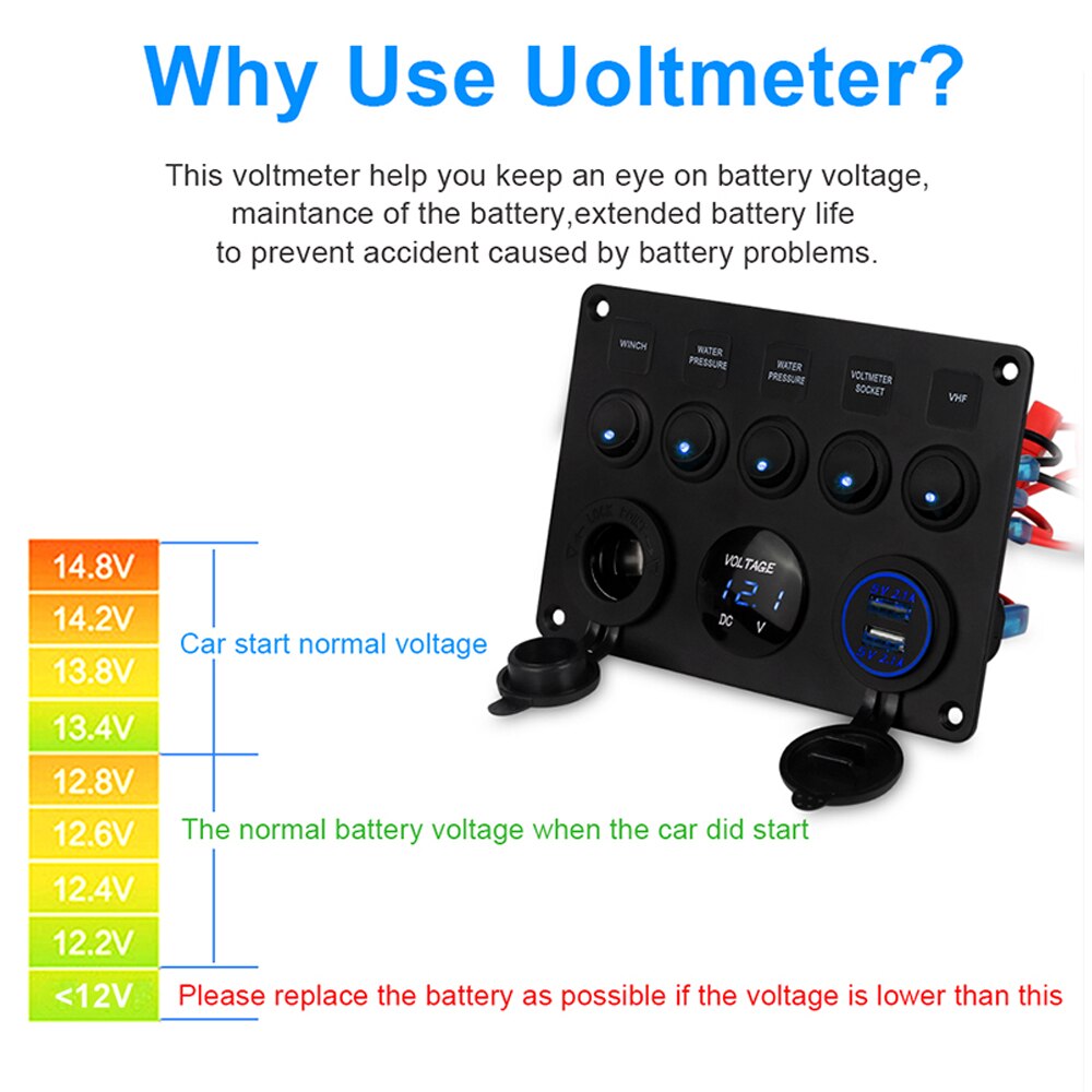 Control Panel Switch 5 Gang On-Off Toggle Usb Charger Car Ship Yacht Combination Panel With Usb Cigarette Lighter Socket