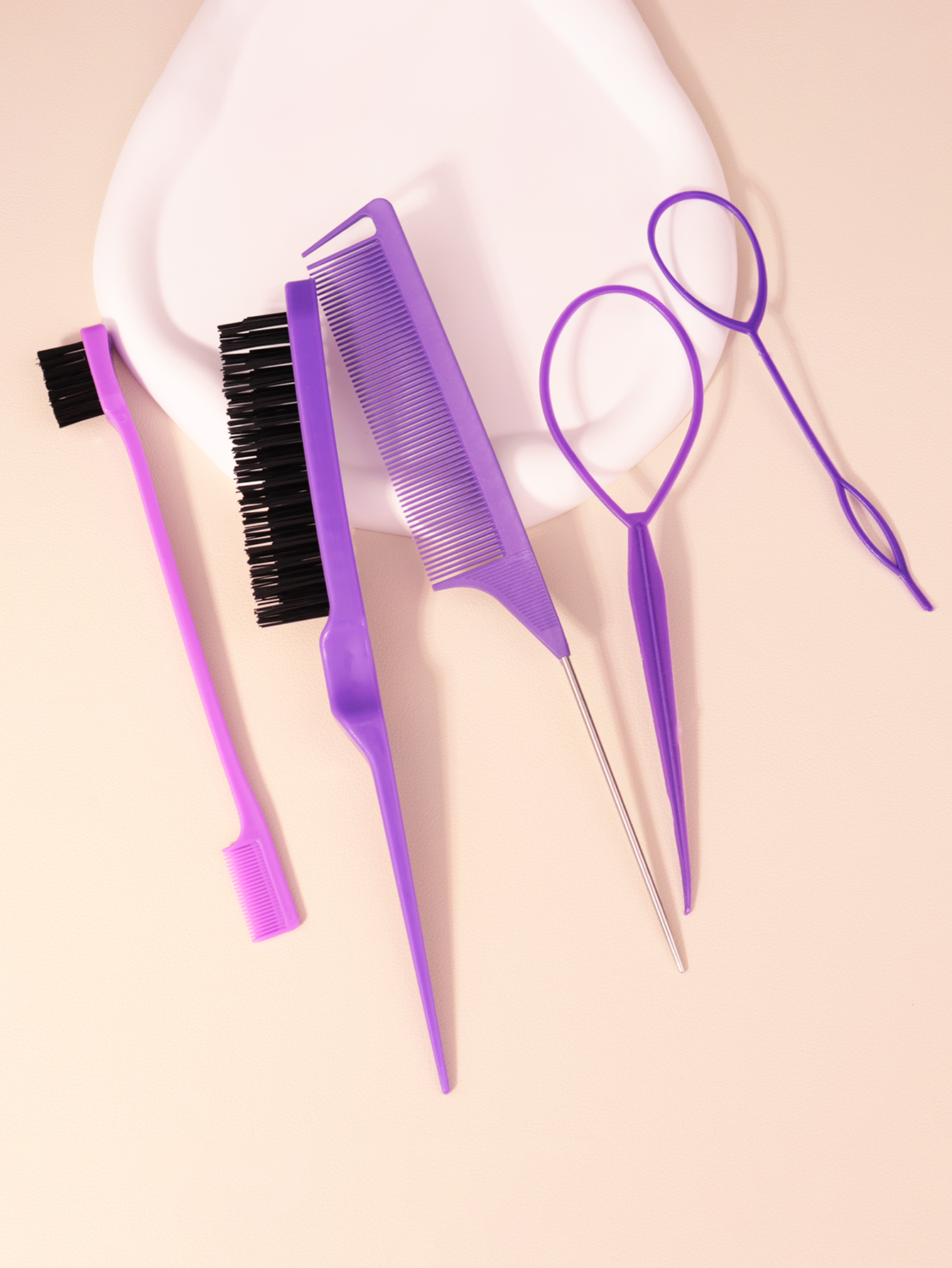 Haarborstel en vlechtenset, 5 stks/set, scheurkamborstel, randborstel, vlechtgereedschap, haarvlechtgereedschap, geschikt voor dames en heren: Paars