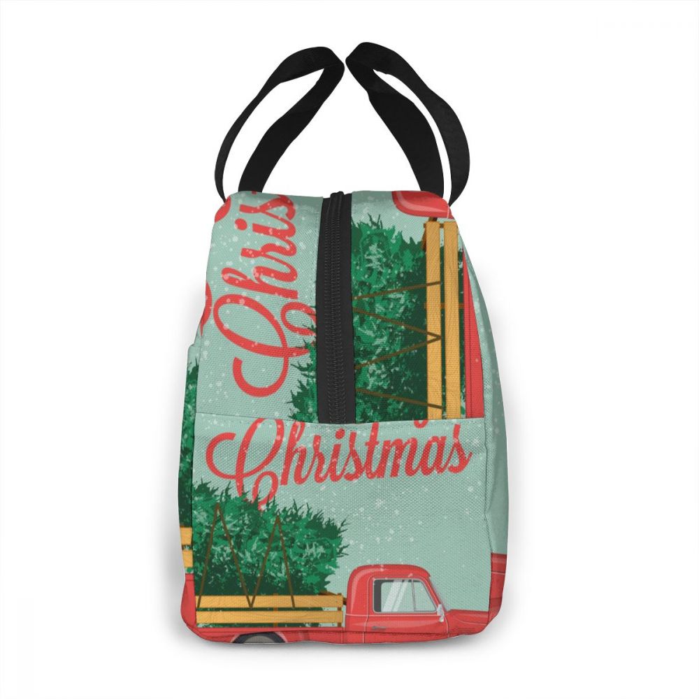 Merry Christmas Red Truck With Tree Lunch Bag Portable Insulated Thermal Cooler Bento Lunch Box Tote Picnic Storage Bag Pouch