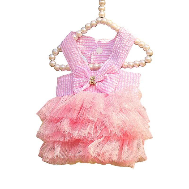 Gauze Skirt Summer Cool Dog Clothes Small Dog Clothing Pet Supplies Teddy Bichon Frise Striped Sling Dress: pink / XL