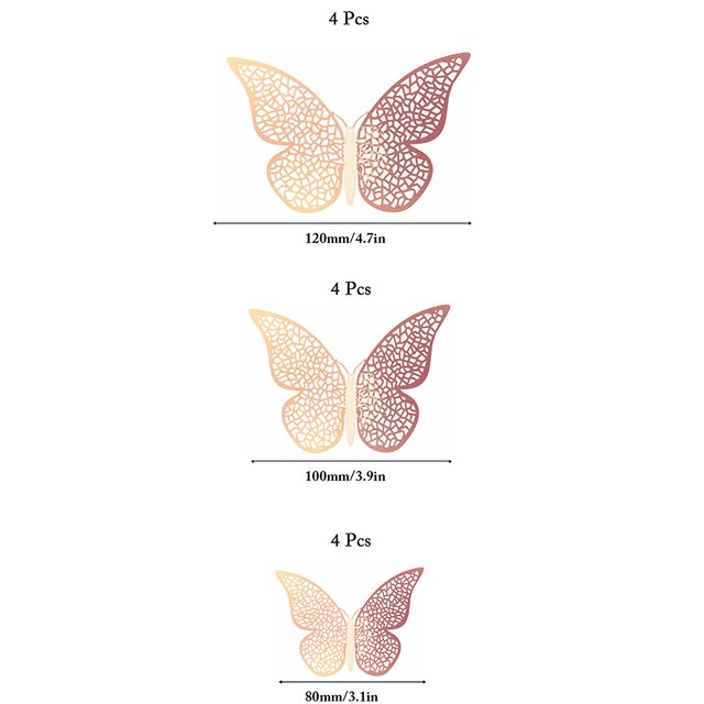 12 PCS Schmetterling Kuchen Dekoration Gold 3D Hohl Cupcake Topper Geburtstag Hochzeitstag Baby Shower Party Kuchen Dekorationen: Rose Gold C