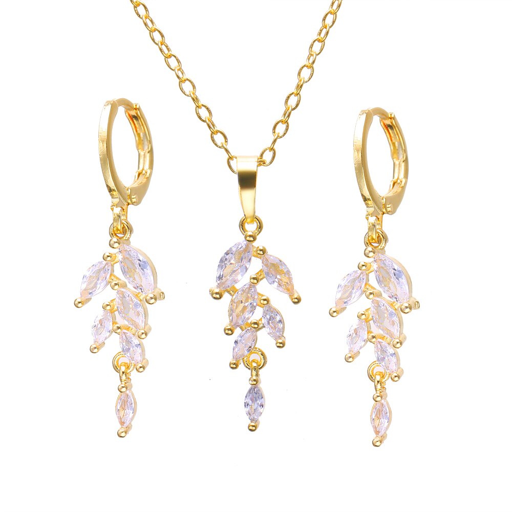 Zirconia Leaf Oorbellen Ketting Sets Voor Vrouwen Elegante Bruids Bruiloft Sieraden Set Huwelijksgeschenken