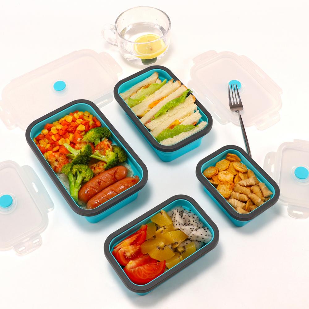 60% Sales! 4Pcs Stackable Bento Food Container Foldable Silicone Lunchbox Fresh Keep Case