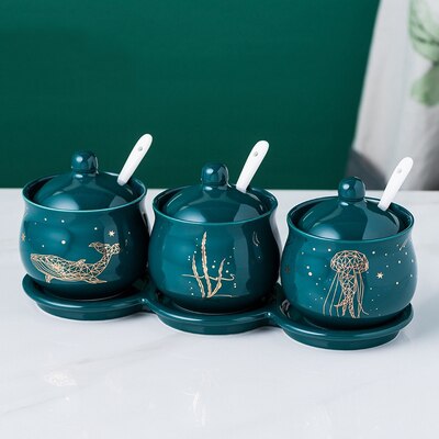 Green Color Forest Ocean Style Sugar Bowl Home Kitchen Set Ceramica Salt Condiment Pot Jars: Design 3