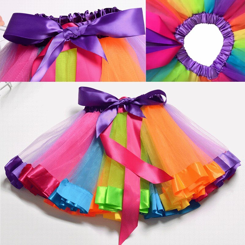 Barn prinsesskjol färgglad regnbåge tyll pilbåge fluffig för tjejfest baby tutu kjol 2-8 år gammal