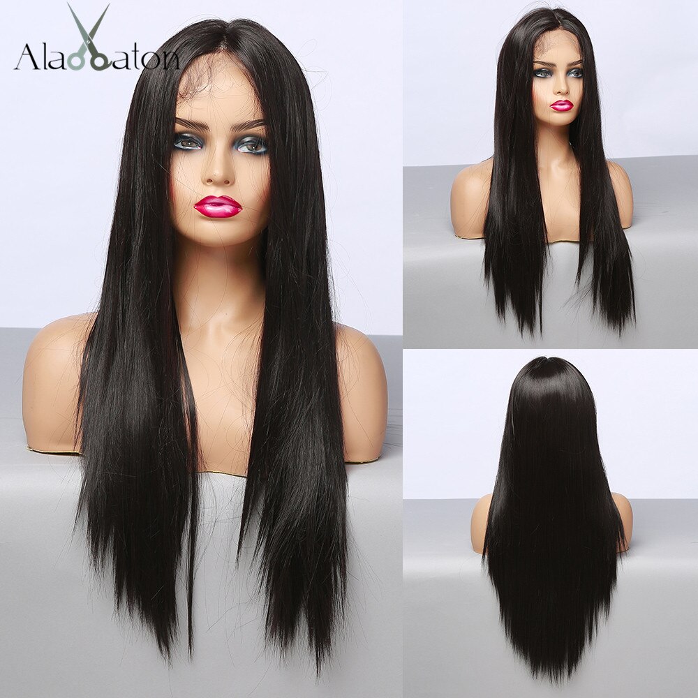 ALAN EATON Middle Part Cosplay Black Lace Wigs for Women Natural Long Straight Synthetic Lace Front Hair Heat Resistant Fiber