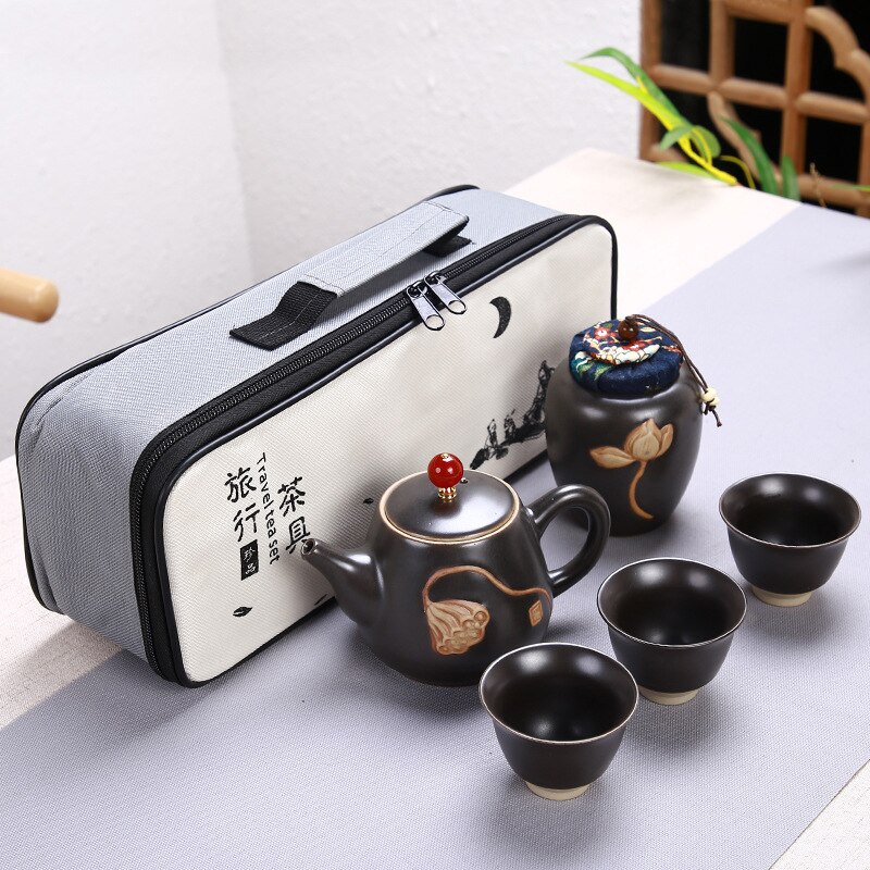 Portable Chinese Tea Set Ceramic Teapot Leaves Jar 3 Porcelain Tea Cups with Carrying Case FQ-ing: 3
