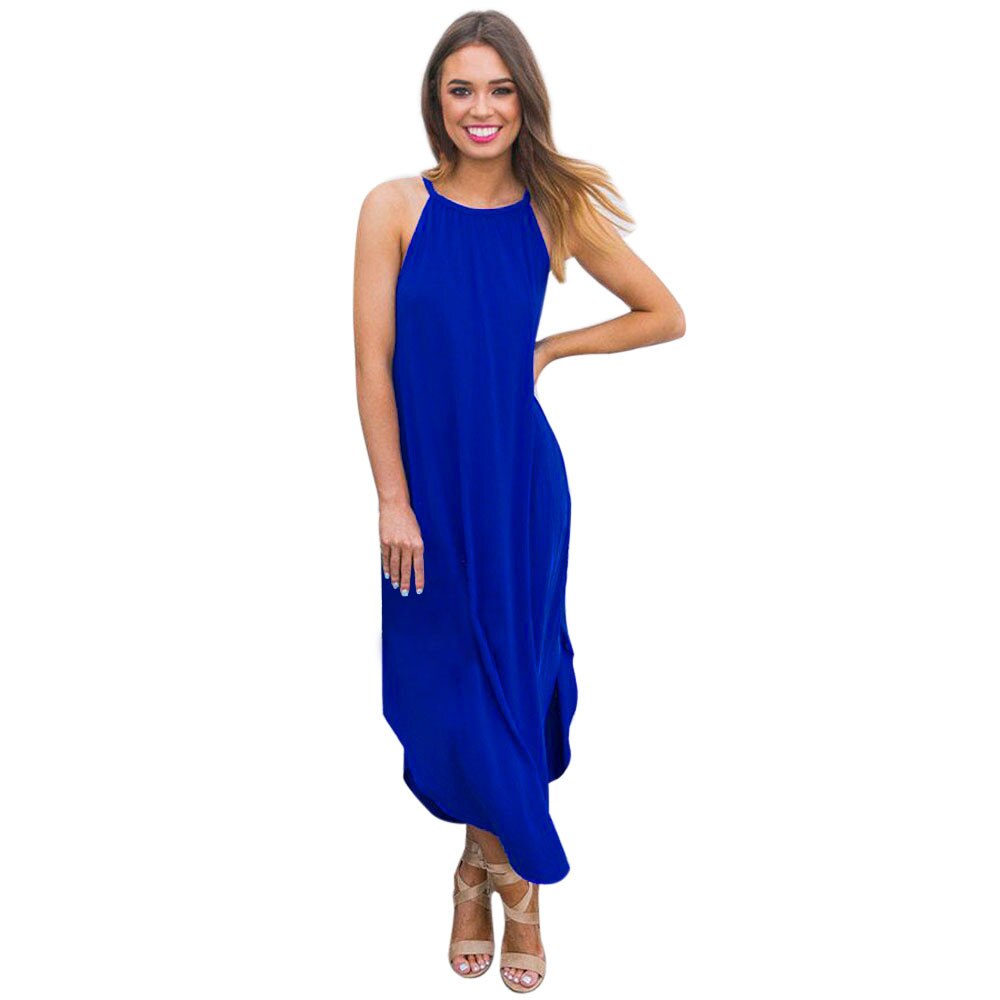 Womens Losse Zomer Beach Gallus Sleevesless Avond Party Lange DressLadies bib geplooide losse riem dresslatest mode jurk: Blauw / L