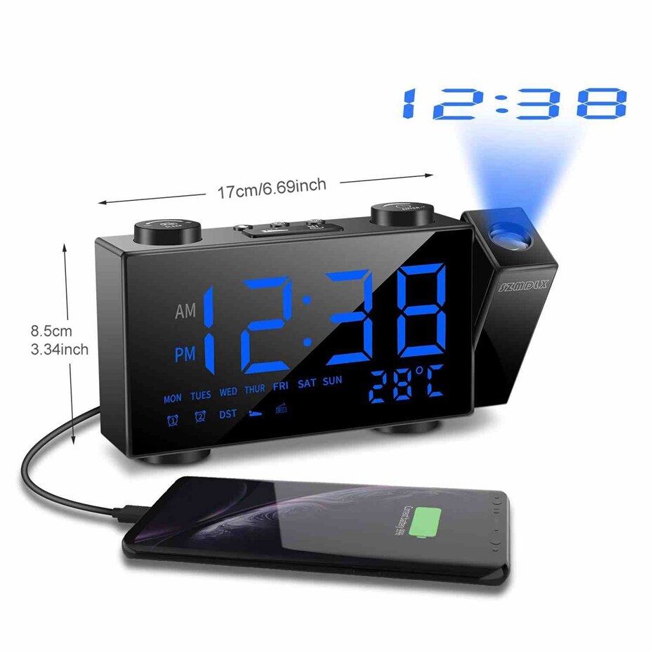 Digitale Projectie Wekker 2 Alarm Dimbare Klok FM Radio Thermometer Usb-poort Opladen Weer Kalender Tijd Projectie