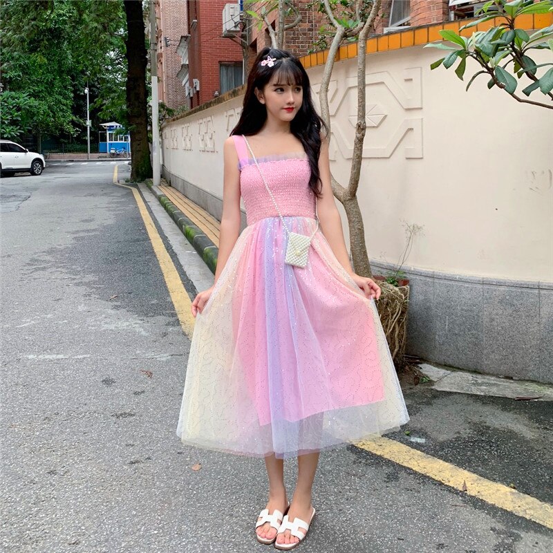 Sommer koreansk udødelig regnbuefarvet højtaljet slankende fekjole teselskab lolita kjole sød lolita dukke: Lyserød
