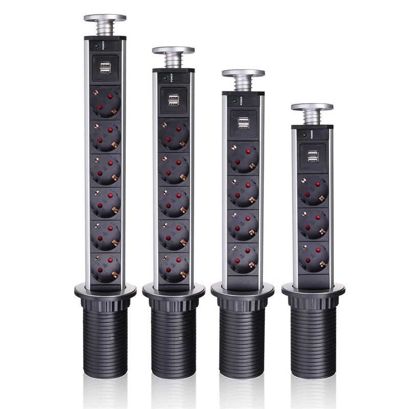 3/4/5 power EU Plug Hidden Kitchen Table Pop Up Electrical Socket Power 1 Led+2 charge USB Aluminum Shelf Silver/Black Cap