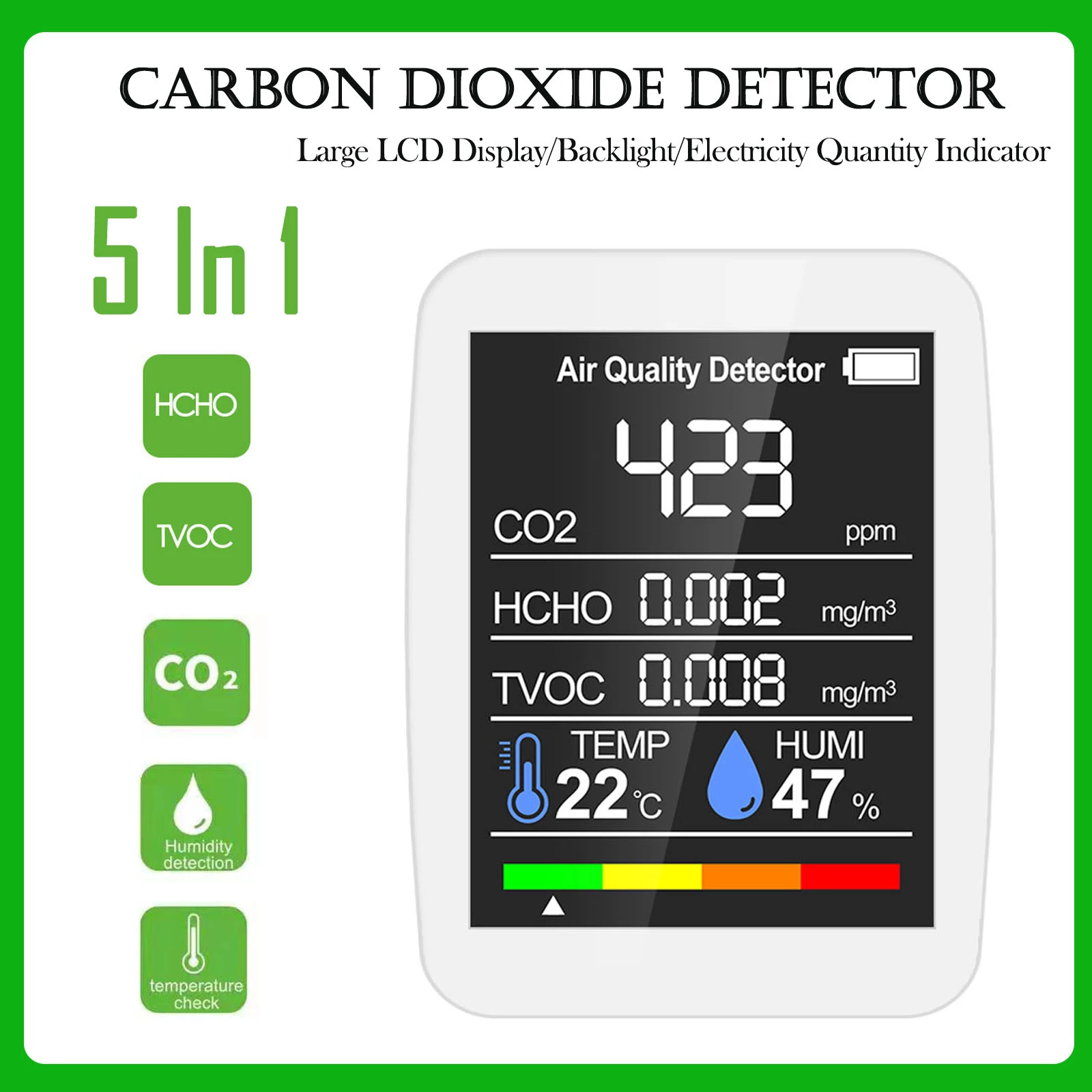 Air Detector CO2 Meter CO2 Tester Carbon Dioxide TVOC Formaldehyde Value Electricity Quantity Temperature Humidity meter