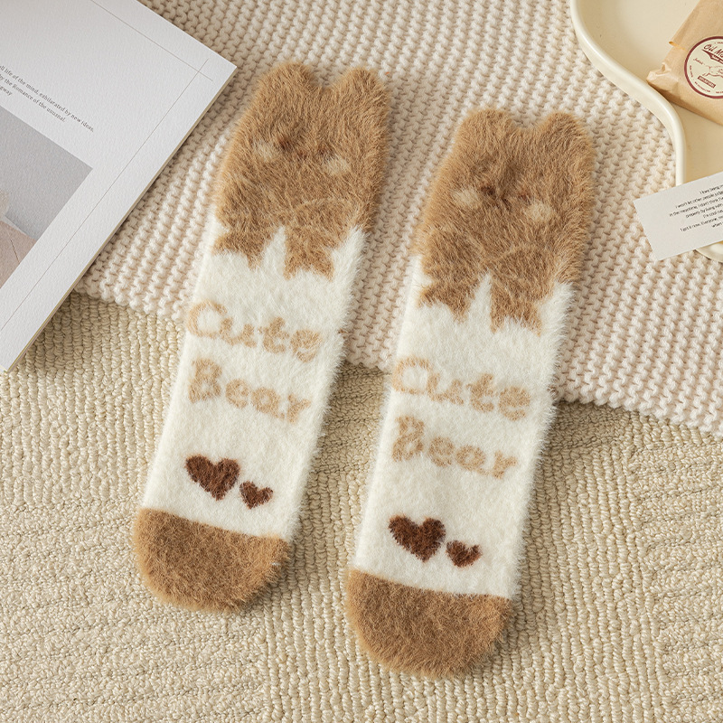 Calcetines de visón de imitación con lazo de conejos rosas dulces, calcetines cálidos de felpa para dormir en casa, calcetines de tubo peludos bonitos de dibujos animados japoneses Ins